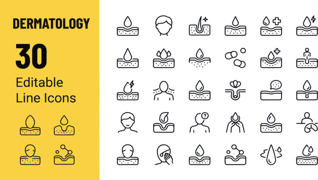 Set of dermatology and skincare line icons showing skin layers moisture drops and facial treatment procedures Vector, illustration