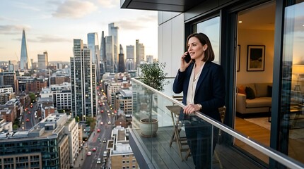 Obraz premium Business professional overlooking city skyline from office balcony.