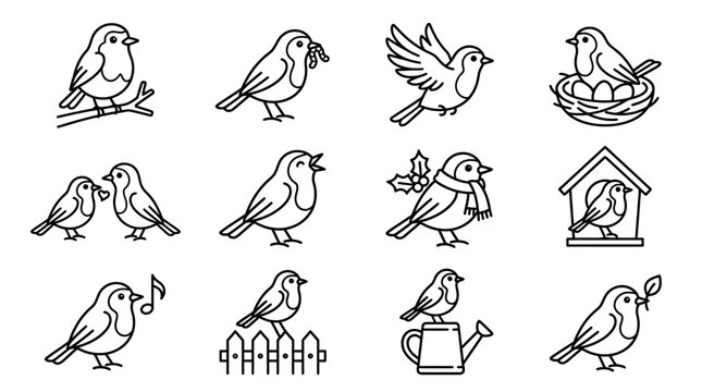 Cute Robin Bird Icon Set - Line Art Illustrations