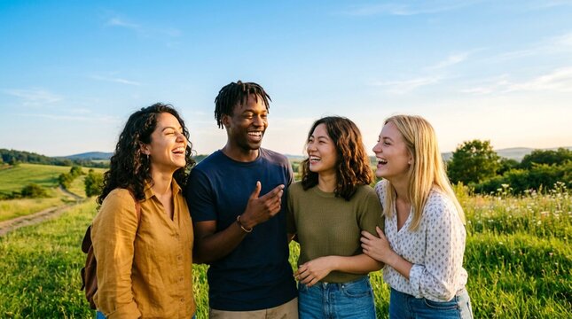 Group of Happy Diverse Young Friends Laughing Together Outdoors in Sunny Green Meadow Under Blue Sky, Friendship Joy Connection Concept, Golden Hour Summer Day, Lifestyle Photography
