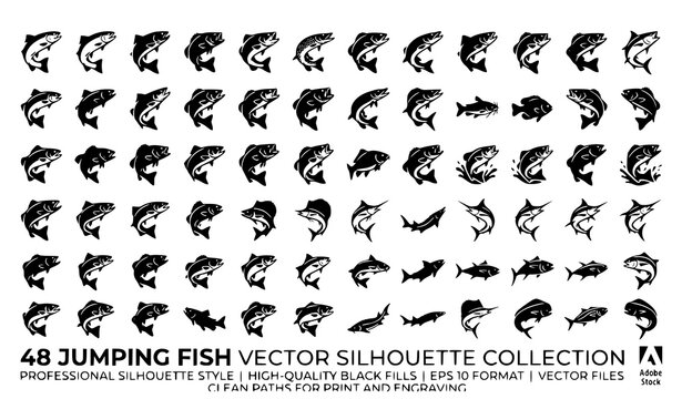 Jumping Fish Black Silhouette Icons Editable Vector Set