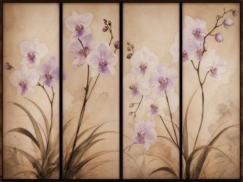 3D wallpaper sticker design for wall decor. Watercolor orchid floral arrangement on a beige toned multi paneled background orchids flowers blossoms orchidaceae phalaenopsis painting