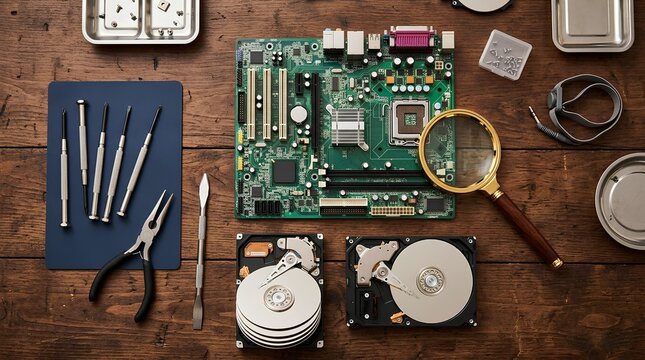 Professional Computer Repair Workspace Flat Lay with Green Motherboard, Disassembled Hard Drive Platters, Precision Screwdrivers, Magnifying Glass and Electronic Components on Rustic Wooden Table