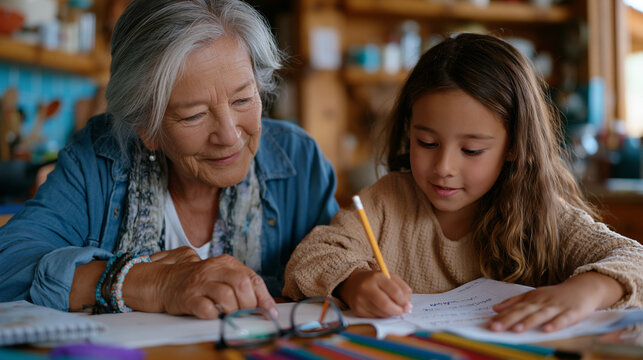 Grandmother and grandchild sitting together at kitchen table working on homework assignment, reading glasses and pencils between them, afternoon domestic warmth, multigenerational family support edu