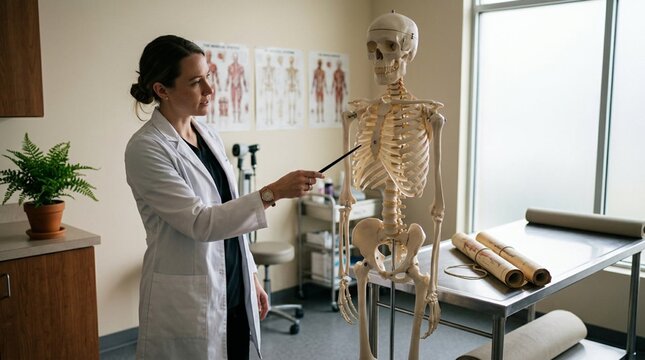 Professional Female Doctor in White Lab Coat Pointing at Anatomical Skeleton Model During Medical Education Training Session in Classroom with Anatomical Charts and Medical Equipment