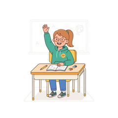 Young girl with glasses and pigtails, wearing a green hoodie, sits at a school desk with an open book and raised hand, signaling an answer or question.