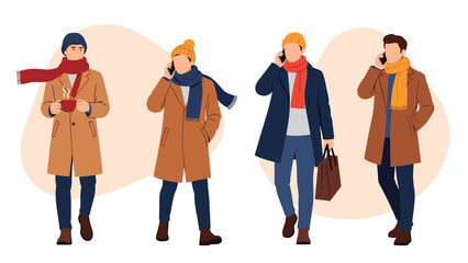 Fototapeta premium Four fashionable men wearing stylish autumn coats, scarves, and beanies while walking, holding coffee, or talking on phones.