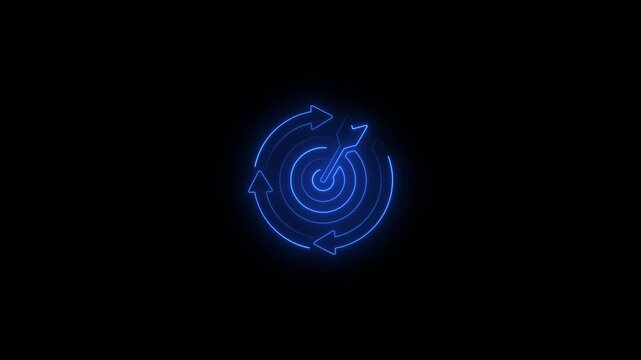 Neon target with rotating arrows animation, business strategy and success concept, glowing blue digital on black background