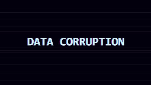 Data corruption glitch text effect with digital distortion and cyber security warning animation 4k
