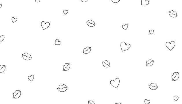 Simple seamless pattern of cute hand drawn hearts and kissing lips outlines scattered on a white background.