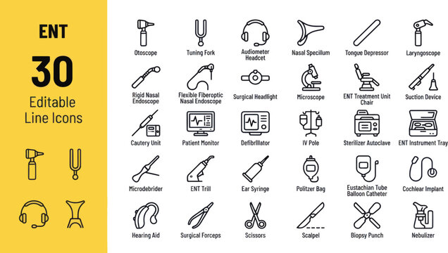 Set of editable line icons for medical ent equipment and otolaryngology instruments for clinics hospitals and healthcare Vector, illustration