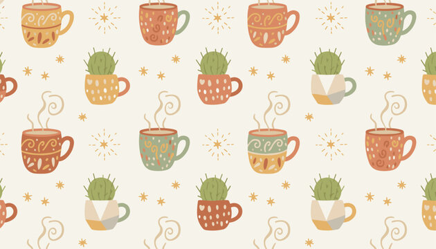 Cozy seamless pattern displaying warm steaming coffee mugs and cute cactus plants in decorated ceramic pots.