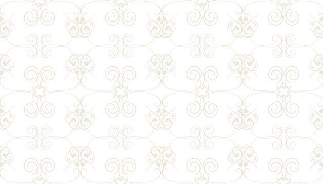 Luxurious seamless damask pattern displaying delicate beige filigree scrolls on a crisp white background.