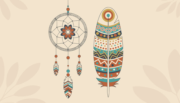 Detailed bohemian native illustration showcasing a traditional dreamcatcher alongside a colorful decorated feather.