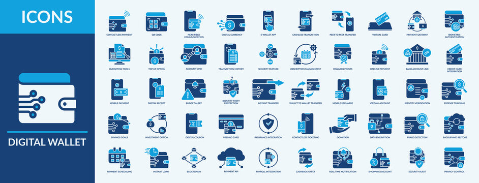 Digital Wallet icon set. Thin flat blue Set contains such Icons as biometric authentication, account link, transaction history and more. Simple web icons set