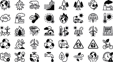 Fototapeta premium Set of hand drawn environmental icons representing climate change global warming ecology sustainability and green energy solutions Vector, illustration