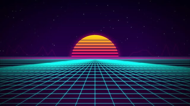 Retro futuristic synthwave landscape with a glowing sun and digital grid background.