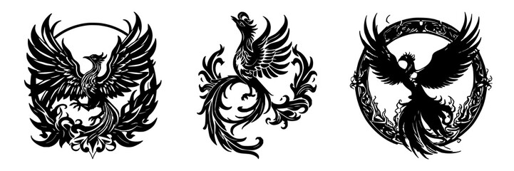 Fototapeta premium Phoenix rising from flames set with elegant feather details featuring circular ornamental composition with bold line art and transparent background