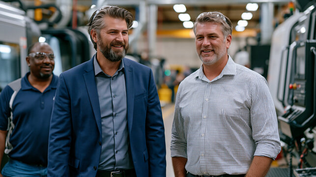 Reshoring manufacturing plant manager walks newly installed domestic CNC machining line with union steward, safety glasses pushed up on foreheads mid-conversation, industrial floor freshly painted, 