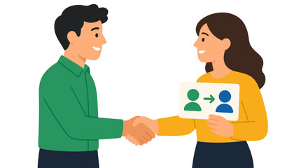 Obraz premium Professional man and woman shaking hands exchanging referral card with arrow icon symbolizing successful business recommendation and partnership agreement