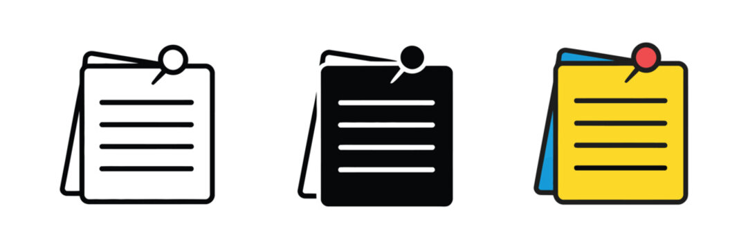 Sticky notes icons featuring pinned notice, task reminder, memo, checklist, to-do list, office note, and paper message symbols in outline, solid, and flat vector styles for productivity, planning, and