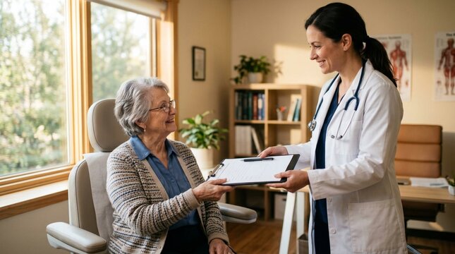 Female Doctor in White Coat Handing Medical Clipboard Form to Elderly Senior Woman Patient in Bright Doctor's Office with Anatomical Charts and Plants, Healthcare Medical Consultation Care Concept