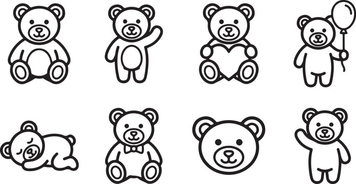 Collection of cute teddy bears in simple poses