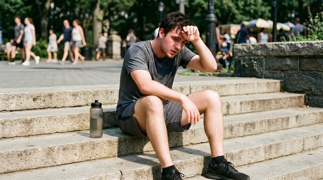 Weary young man in damp gray athletic t-shirt and shorts sitting on sun-warmed concrete park steps, wiping sweat from his forehead, water bottle at his side, post-workout exhaustion, summer urban