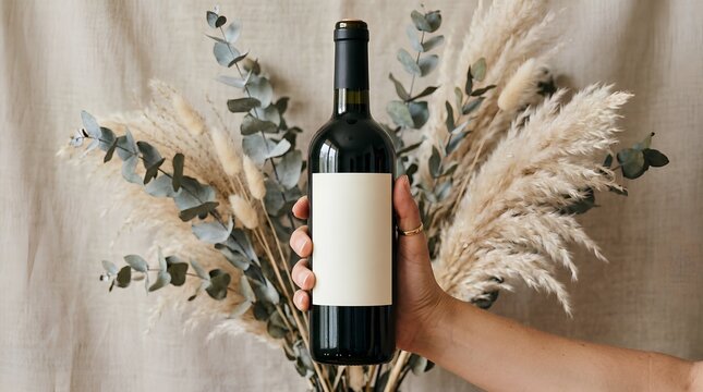 Hand Cradling Dark Green Wine Bottle with Blank Cream Label Surrounded by Dried Eucalyptus and Pampas Grass on Beige Background, Beverage Mockup Template with Copy Space for Branding Design