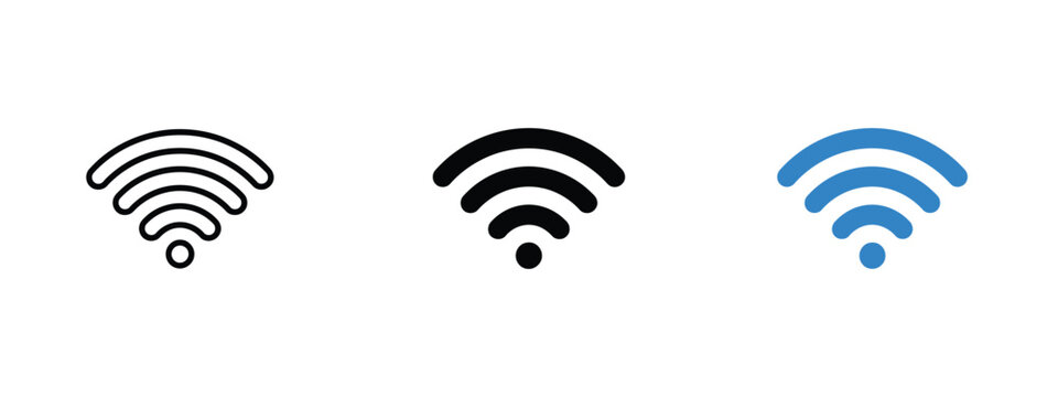 Wifi signal icon set in black and blue featuring curved lines and circular shapes wireless pictogram connectivity network