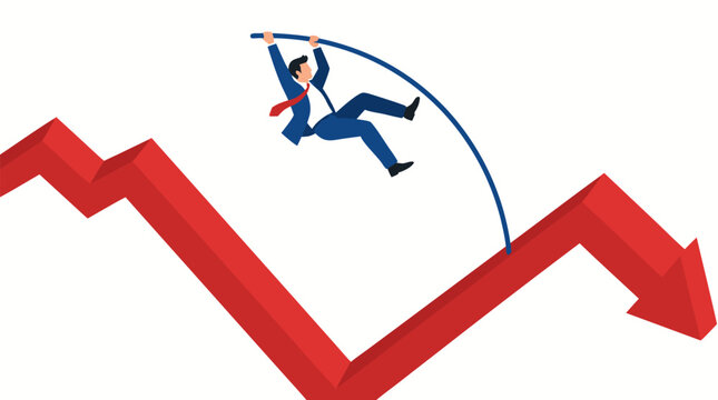 A businessman in a blue suit pole vaulting over a large red downward trending arrow graph, symbolizing overcoming financial crisis and achieving business success through determination and strategic