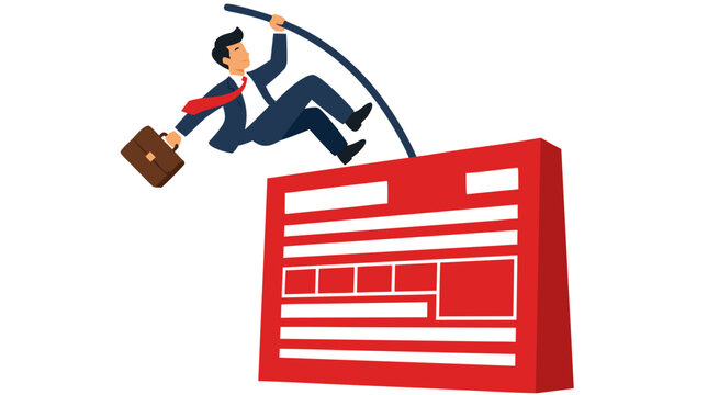 A confident businessman in a blue suit pole vaults over a large red tax form obstacle while holding a briefcase, symbolizing overcoming financial hurdles and business challenges in a flat vector