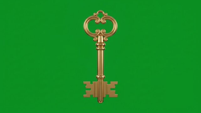 Vintage ornate skeleton key floating against solid green backdrop a detailed golden metal with intricate bow design