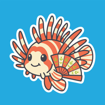 Cute cartoon lionfish holding a folding hand fan kawaii sea creature sticker illustration
