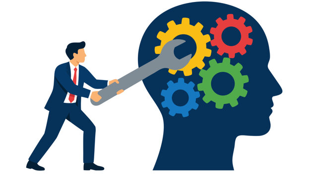 A businessman in suit using a large wrench to turn colorful gear cogs inside a human head silhouette vector illustration representing mental psychology, coaching, brain function, strategy, and
