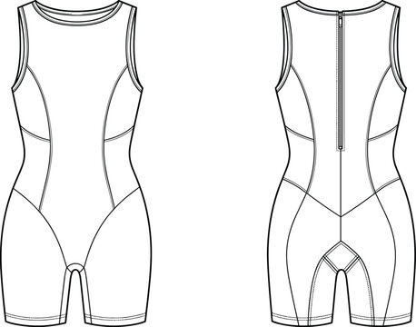 Women's Sleeveless Compression Bodysuit Technical Fashion Flat Sketch Front and Back Views