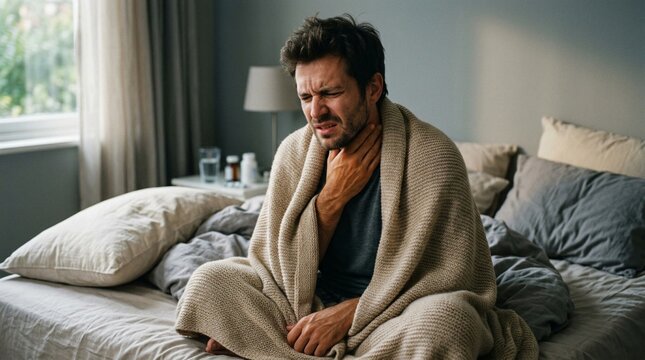 Sick man wrapped in warm blanket touching painful throat while sitting on bed in morning light with medicine and water on nightstand showing symptoms of cold flu or infection
