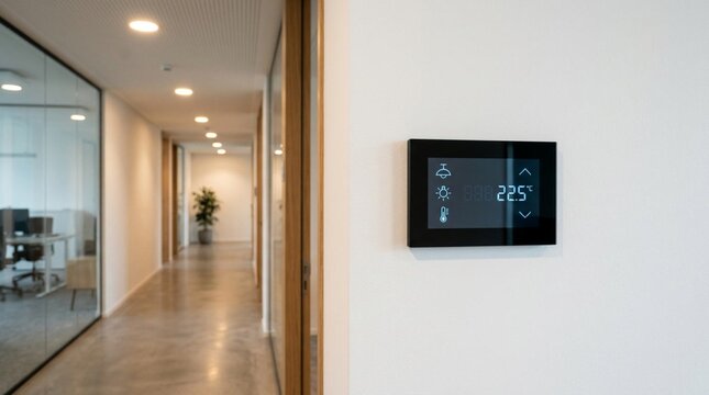 Modern black digital thermostat control panel displaying 22.5 degrees celsius temperature on touchscreen mounted on white wall in contemporary minimalist office corridor hallway