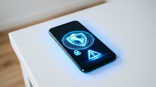 Modern smartphone displaying glowing blue cybersecurity shield icon with hexagonal pattern and digital protection symbols on screen, resting on white surface - mobile security technology concept