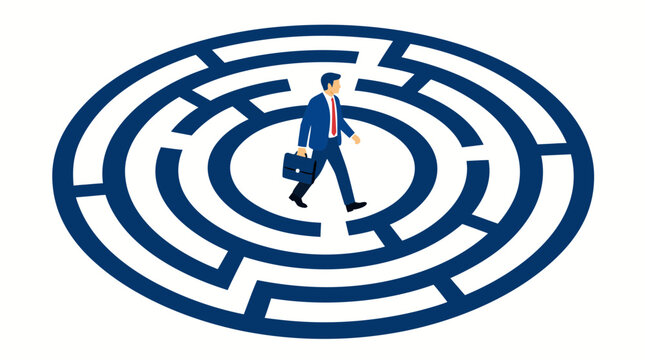 Businessman trapped in circular maze navigating endless loops, symbolizing corporate frustration, repetitive work cycles, and complex business challenges requiring strategic solutions