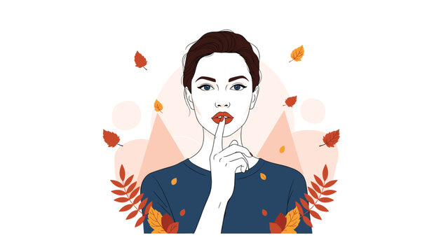Beautiful woman making a shh gesture with her finger on lips, surrounded by colorful autumn leaves.