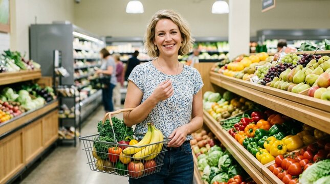 Smiling woman in floral top holding wire shopping basket filled with fresh vegetables and bananas in bright modern grocery store produce aisle with colorful fruits and vegetables display