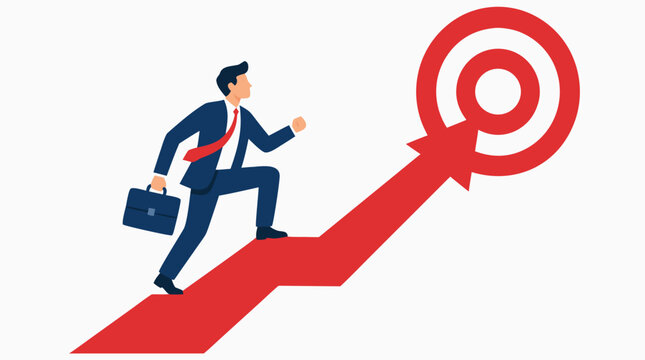 Vector illustration of a businessman in a blue suit and red tie climbing a large red upward arrow towards a target bullseye, holding a briefcase, representing career success, business growth, and