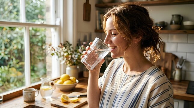 Beautiful young woman drinking fresh water in bright sunlit kitchen, healthy lifestyle morning routine, hydration wellness concept with natural light, fresh organic lemons and home interior