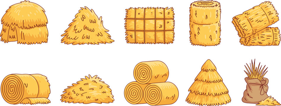Haystacks and straw bales vector set isolated on clean white background for agriculture design