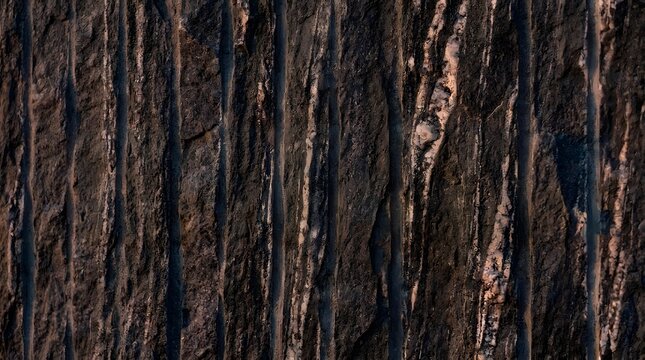 Rough hewn rock surface with vertical grooves natural textured dark gray stone.