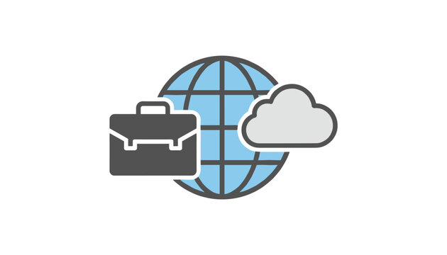 Icon representing global business and cloud computing showing a briefcase and a cloud in front of a blue globe.