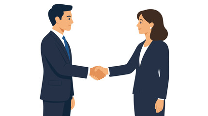 Obraz premium Vector illustration of a businessman and businesswoman shaking hands, sealing a business deal, partnership, corporate agreement, cooperation, and professional success in flat design style on white