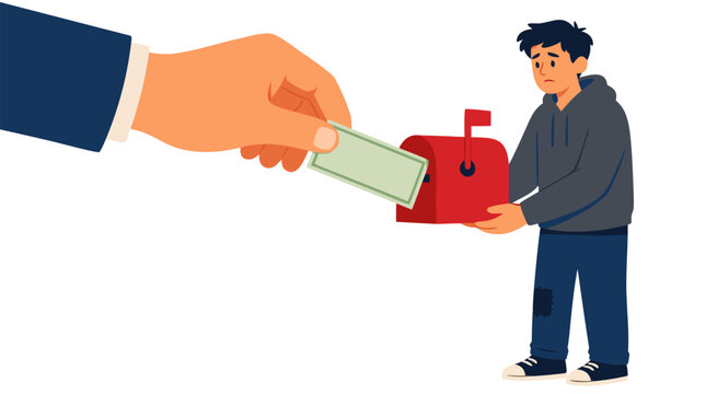 A large hand in a suit places a check into a red mailbox held by a sad unemployed young man in a hoodie, symbolizing unemployment benefits, welfare, financial aid, and support for jobless people.