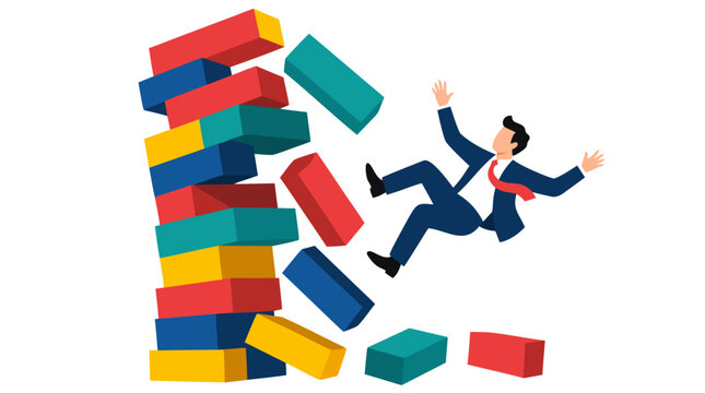 A businessman falling backward as a colorful stack of wooden blocks collapses and crumbles down, illustrating career crisis, corporate failure, bankruptcy, risk management, and economic collapse